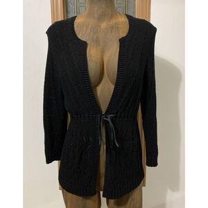 LOFT Ann Taylor Knit Cardigan Sweater Small Black Pull Ribbon Cinched